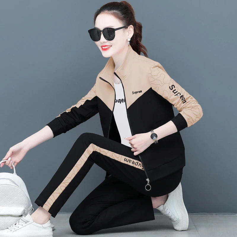 休闲运动套装女春季新款2023韩版洋气时尚宽松大码跑步服三件套