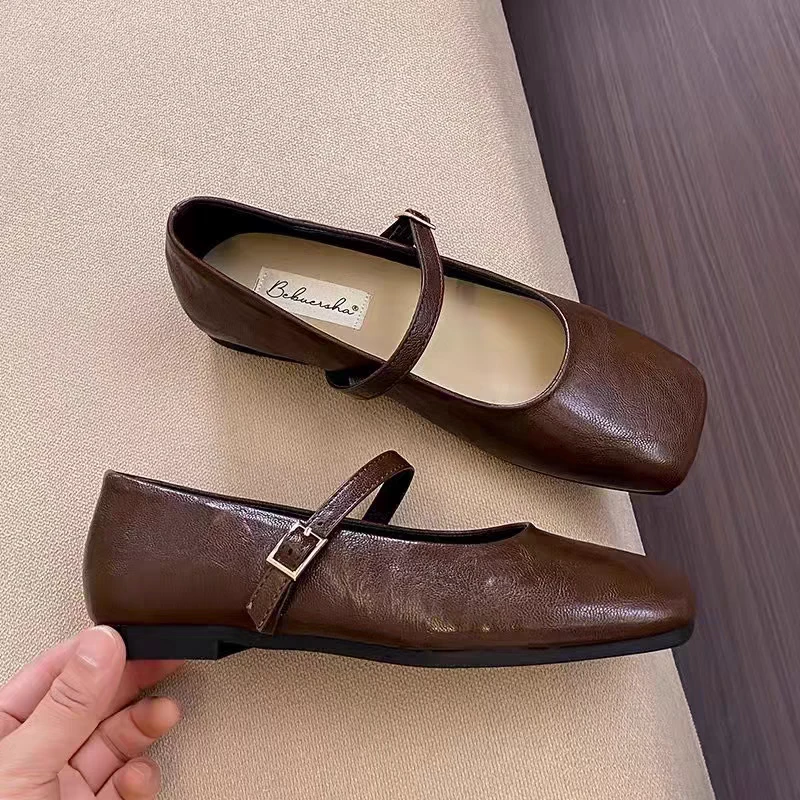 法式方头浅口单鞋女晚风温柔鞋软平底玛丽珍小皮鞋