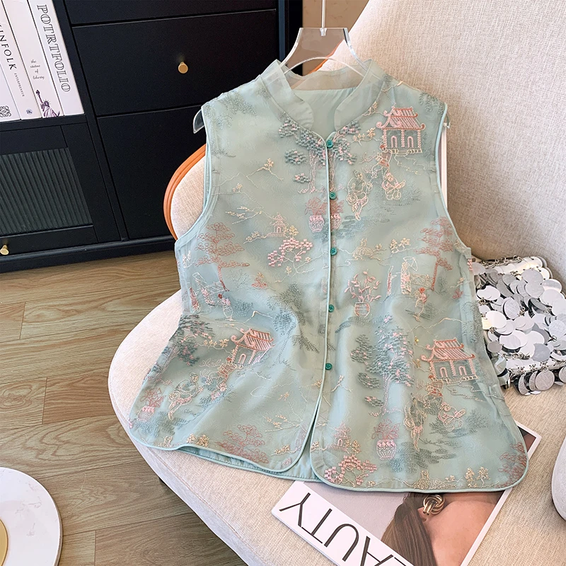 高端外贸出口尾单中式刺绣马甲开衫女春国风高端气质无袖坎肩马夹