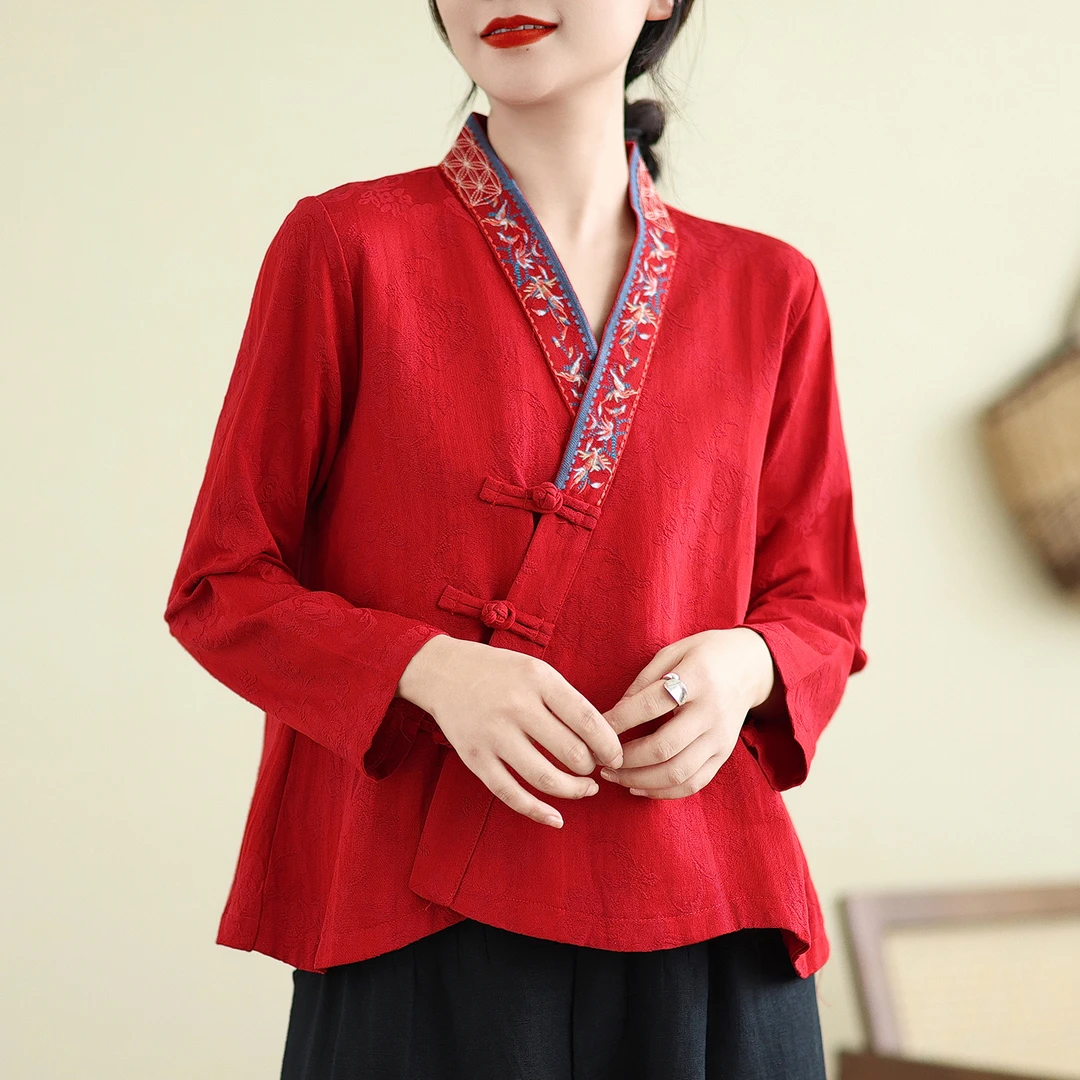 新款中国风复古门襟刺绣盘扣棉麻长袖开衫汉服女休闲宽松文艺上衣