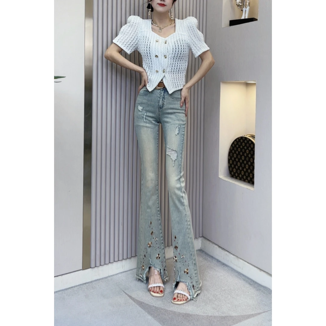 气质喇叭裤显瘦微喇裤重工牛仔裤开叉2025新款爆款高腰破洞设计感