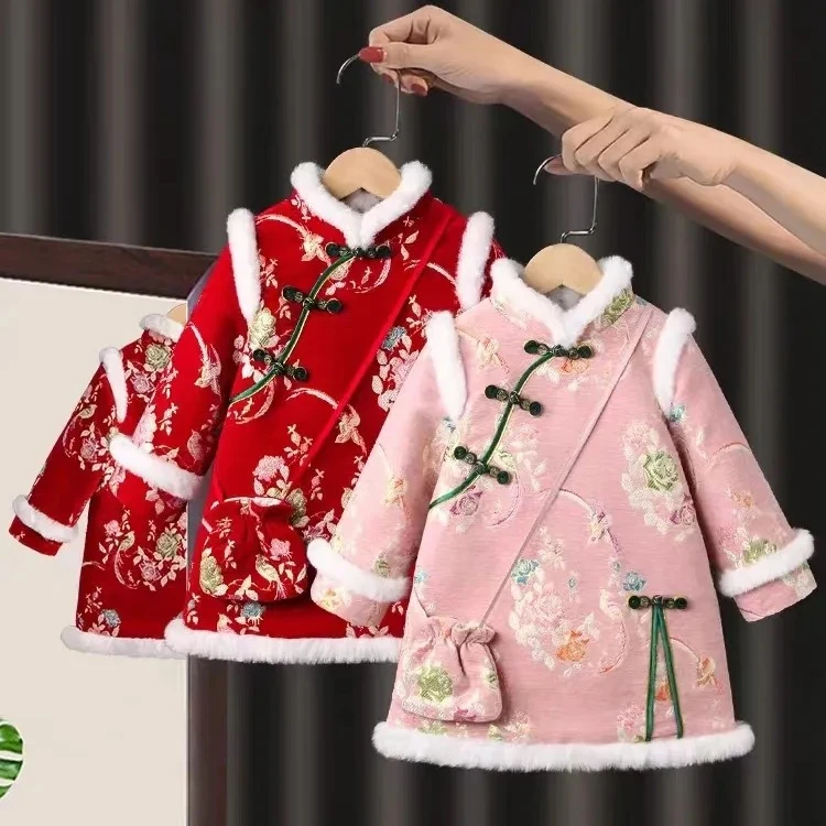 汉服女童冬季中国风儿童加棉唐装拜年服女宝喜庆新年装90-140码w