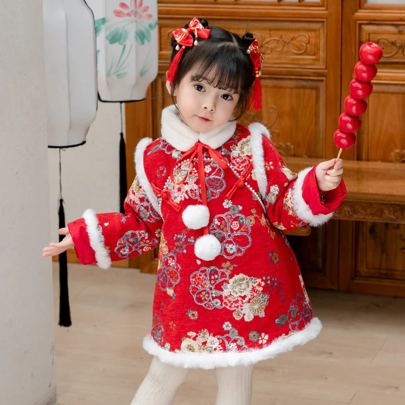 小女孩汉服女童冬装新年衣服儿童中国风加棉加厚唐装新年拜年服w