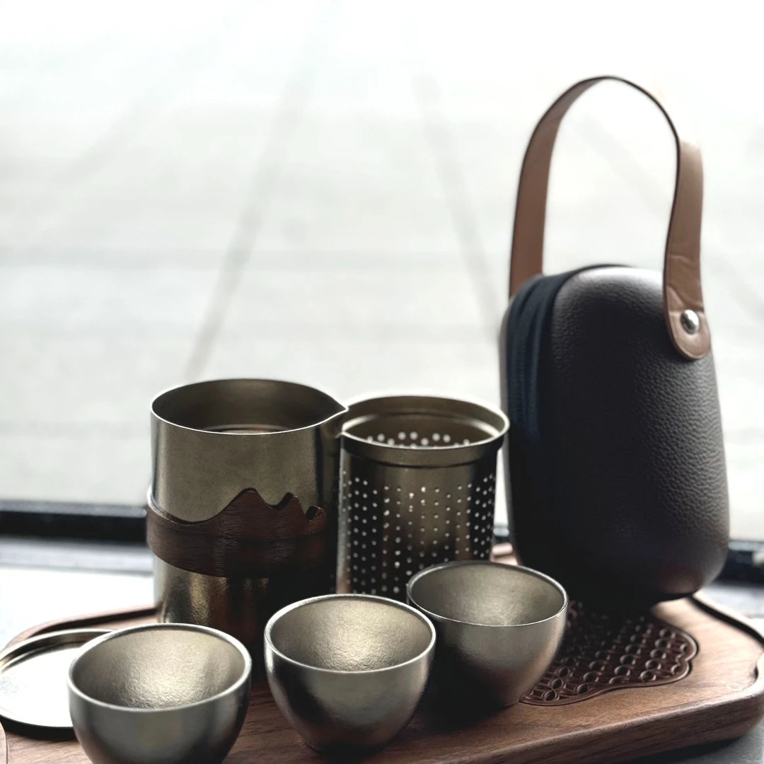 纯钛小号双层鹰嘴茶泡茶具套装带三杯露营家用旅行便携式