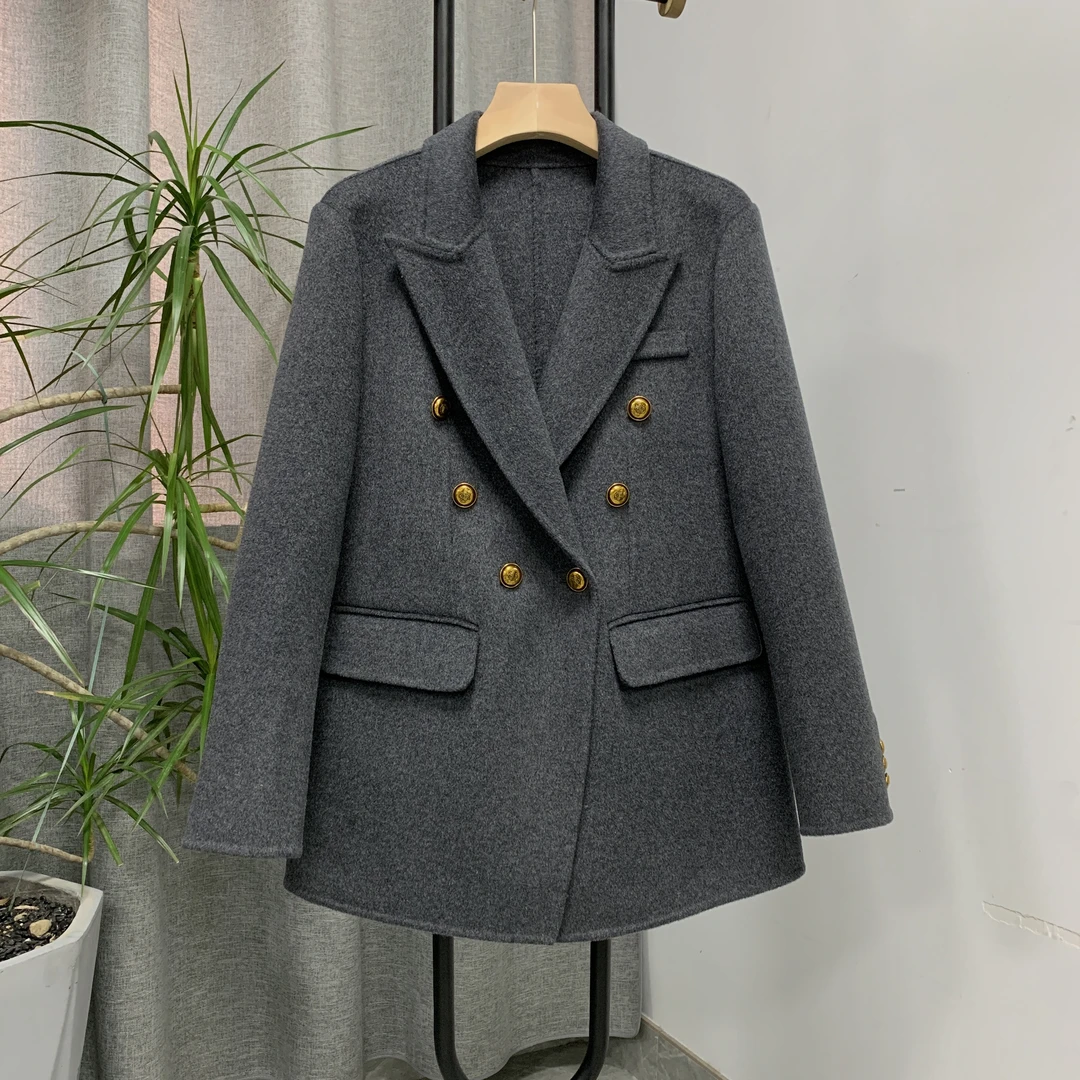 【古琦推荐】秋冬翻领气质百搭西装领双排金扣短款双面呢大衣218-2