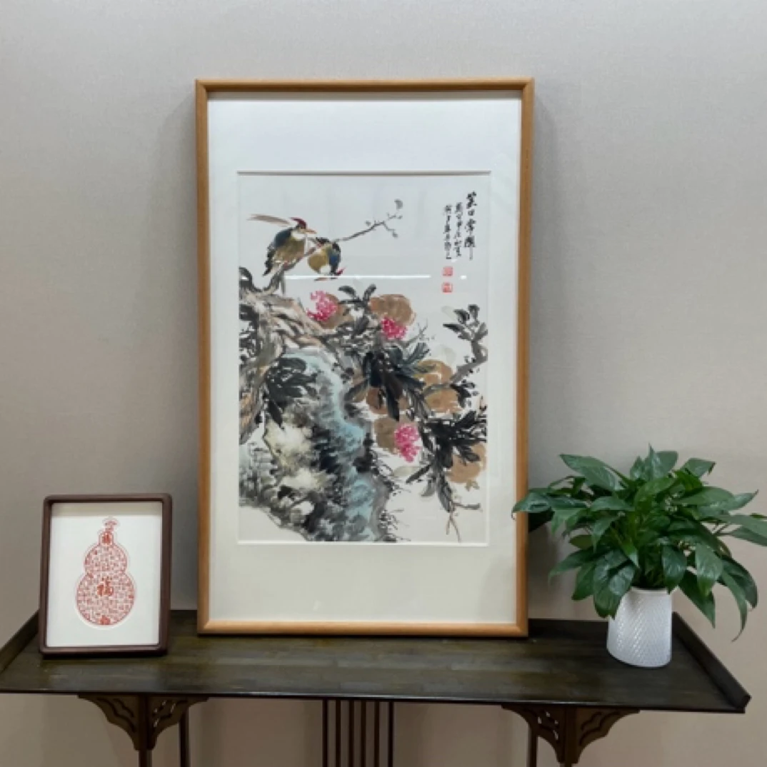 中国风笑口常开新中式玄关装饰画挂画柚木实木画框尺寸100cmX60cm