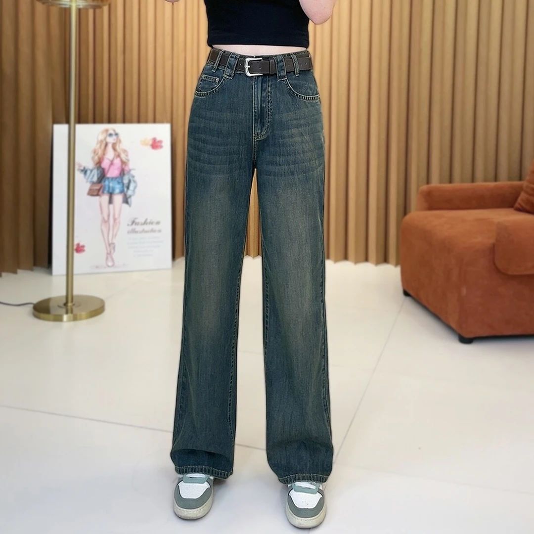 牛仔裤女初秋2023新款宽松爆款直筒时尚显瘦复古拖地裤窄版阔腿裤