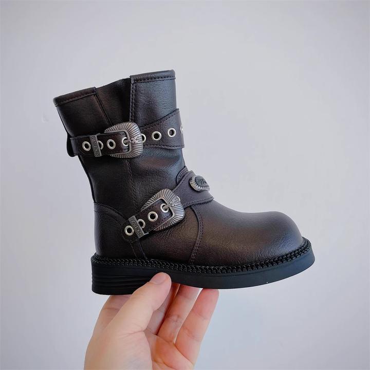 女童甜酷百搭时装靴2024秋冬明星同款中筒靴复古儿童马丁靴子爆款