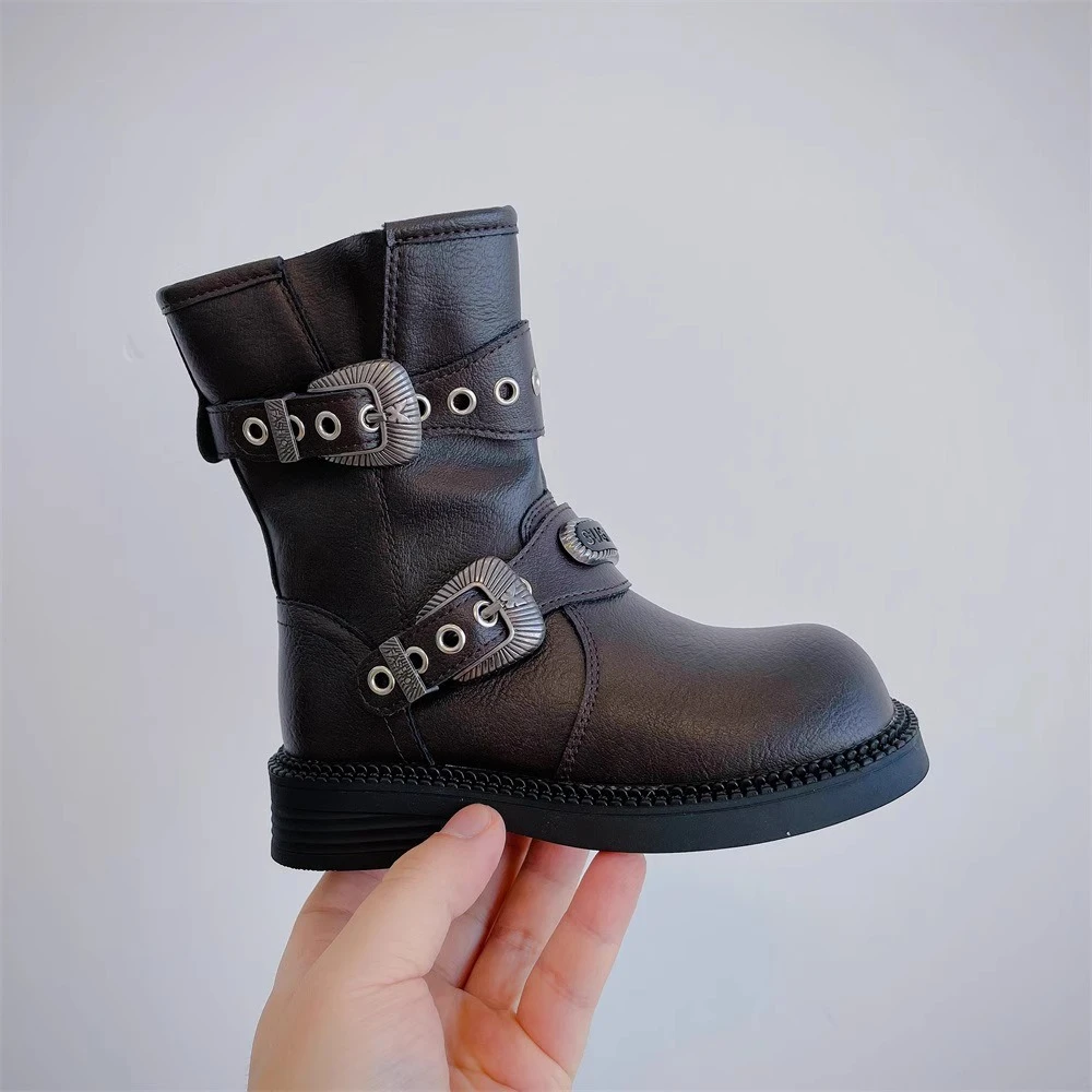 女童甜酷百搭时装靴2024秋冬明星同款中筒靴复古儿童马丁靴子爆款