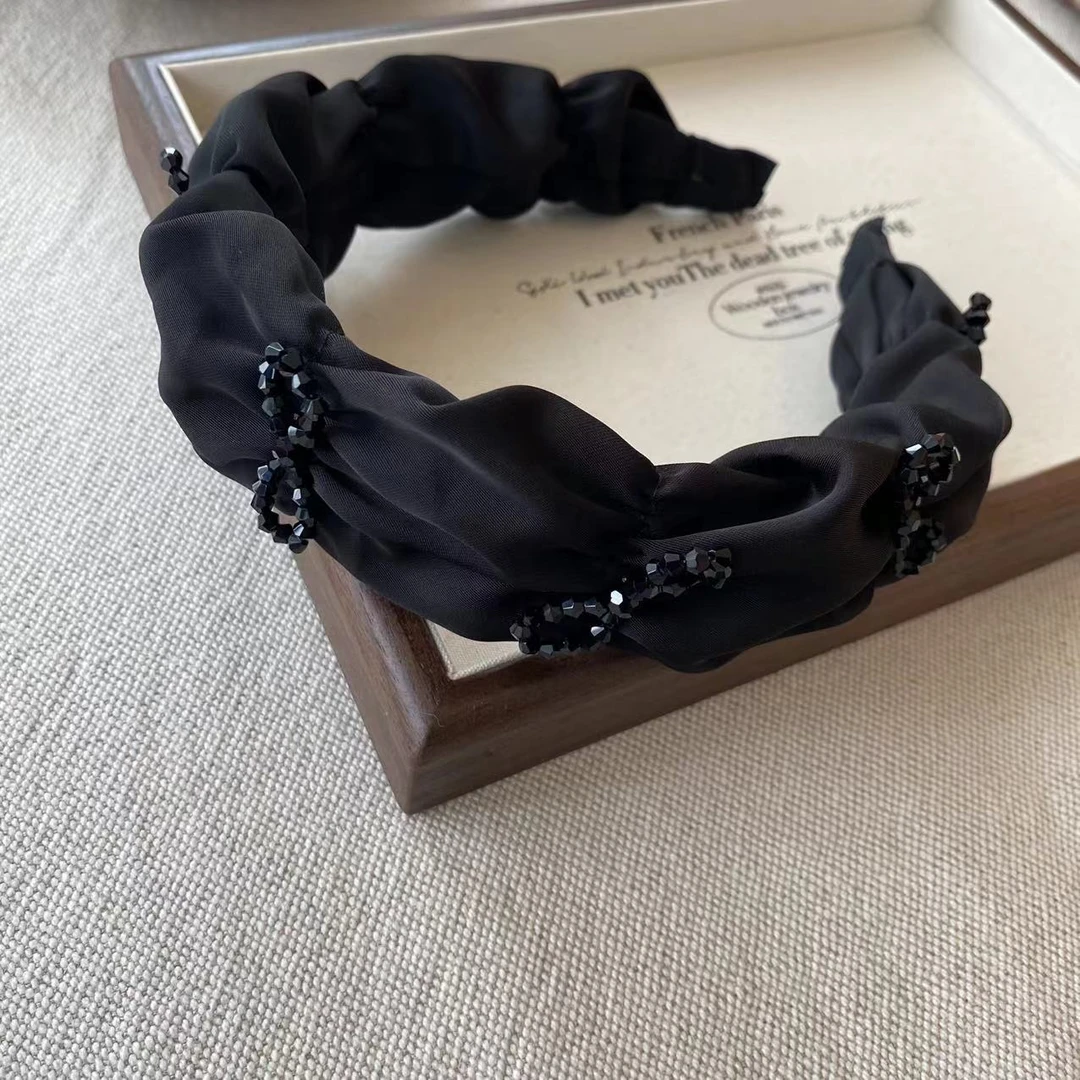 韩日风高品质黑色蝴蝶结缎面宽边发箍发饰高级感褶皱布艺头箍发卡