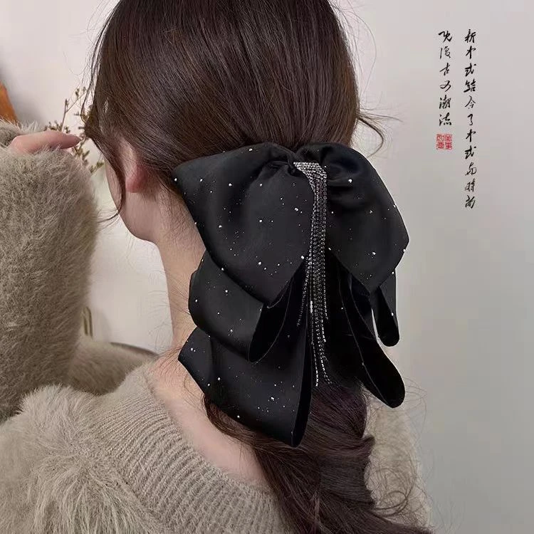 气质蝴蝶结抓夹流苏缎面感星空马尾发抓后脑勺复古锆石发夹女