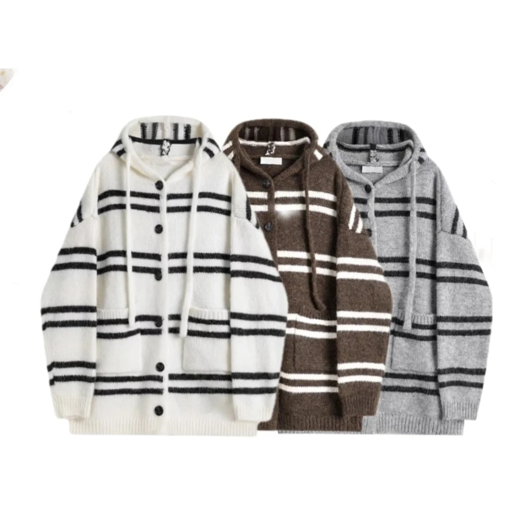 诗丽娅连帽条纹针织毛衣开衫女秋冬韩系宽松慵懒风软糯复古毛衣