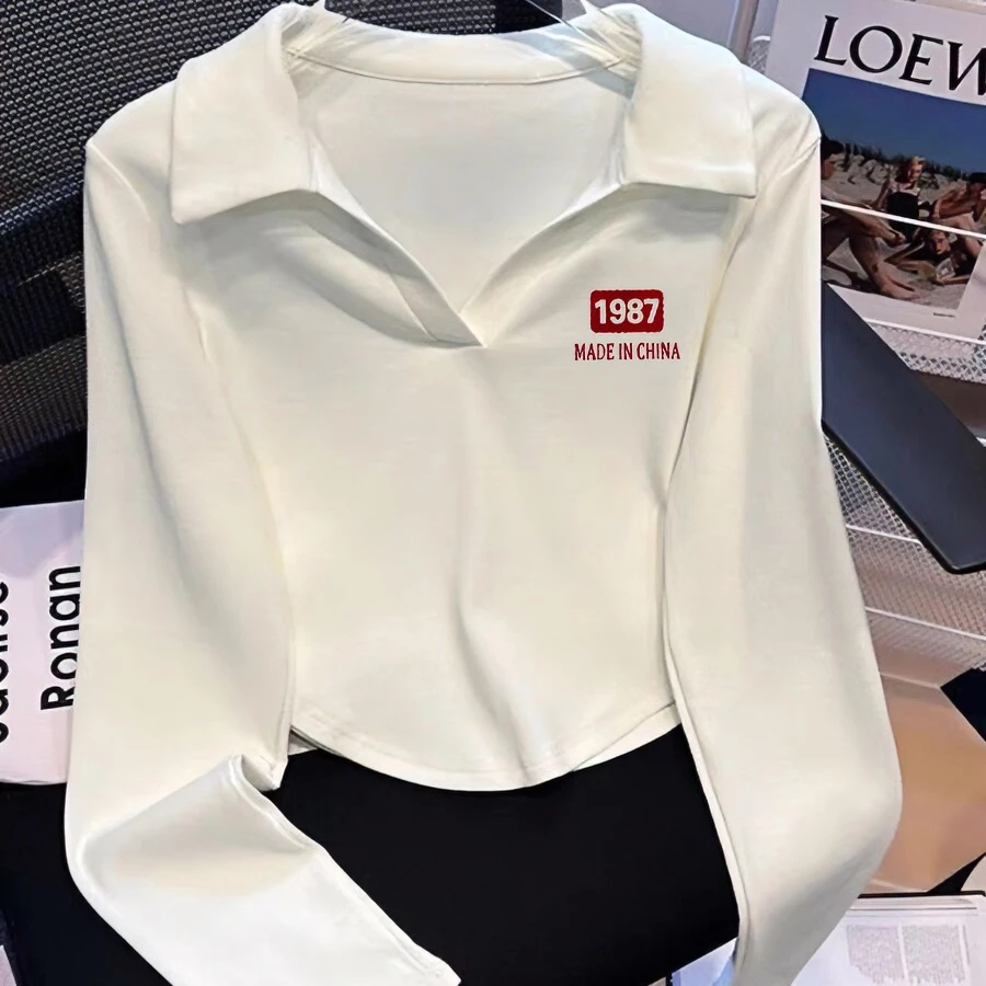 2023新款秋冬修身显瘦白色POLO领长袖T恤女小众内搭打底衫上衣潮