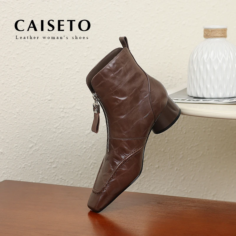 头层牛皮/4cm新款上新真皮时尚拉链圆方头百搭气质短靴24X090