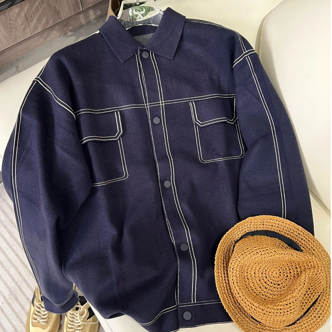 外贸冬季新款翻领毛织开衫时尚藏蓝牛仔风男女同款外套户外男士