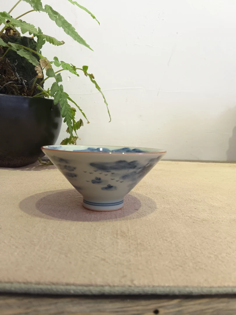 景德镇手工满绘青花山水斗笠杯茶杯