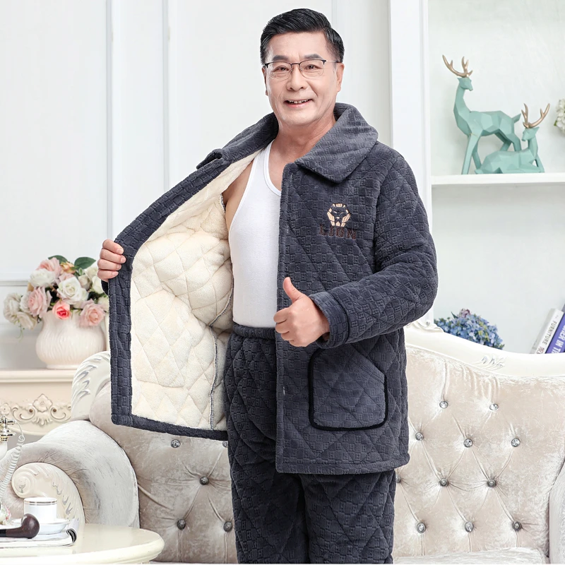 睡衣冬季男士家居服三层加厚保暖加棉加绒中老年人爸爸秋冬季棉袄