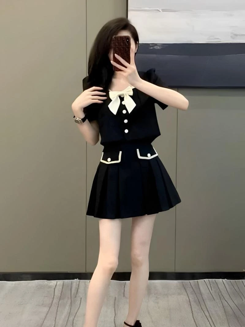 韩式时尚气质小香风蝴蝶结短款上衣女夏季新款小众高腰短裙两件套