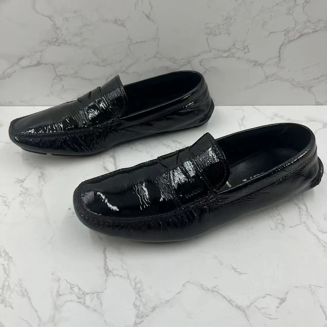 【聚星折扣】Prada/普拉达二手男士黑色漆皮亮面休闲舒适豆豆鞋41.5