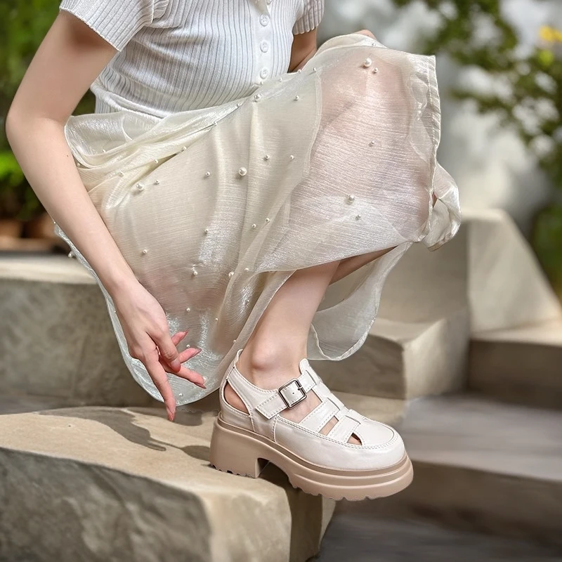 厚底罗马包头凉鞋女2025新款夏季真皮复古外穿小个子法式猪笼鞋女