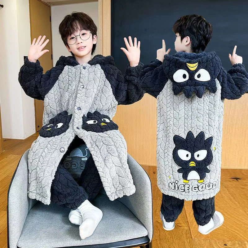 儿童秋冬睡衣珊瑚绒加厚男宝宝中长款女孩保暖法兰绒睡袍家居