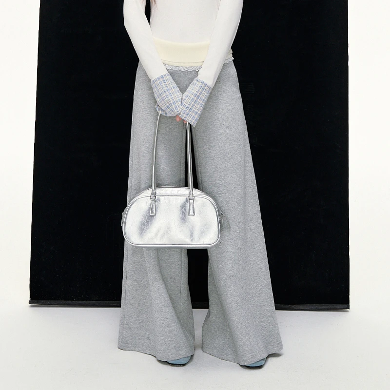 SPEAR YOUTH“南韩腿精”针织蕾丝拼接休闲裤微喇百搭灰色长裤女