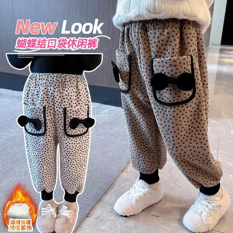 女童冬季加绒韩版休闲束脚裤灯芯绒洋气蝴蝶结长裤外穿保暖儿童裤