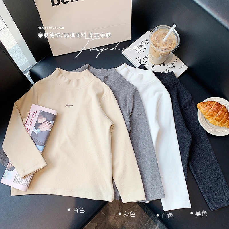 儿童半高领字母打底衫24冬季新款加厚内搭男女童弹力保暖T恤上衣