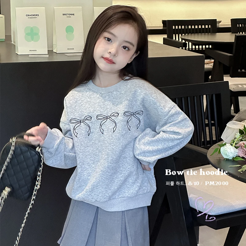 韩国童装儿童套装2024秋季女童灰色蝴蝶结卫衣中大童百褶半身裙