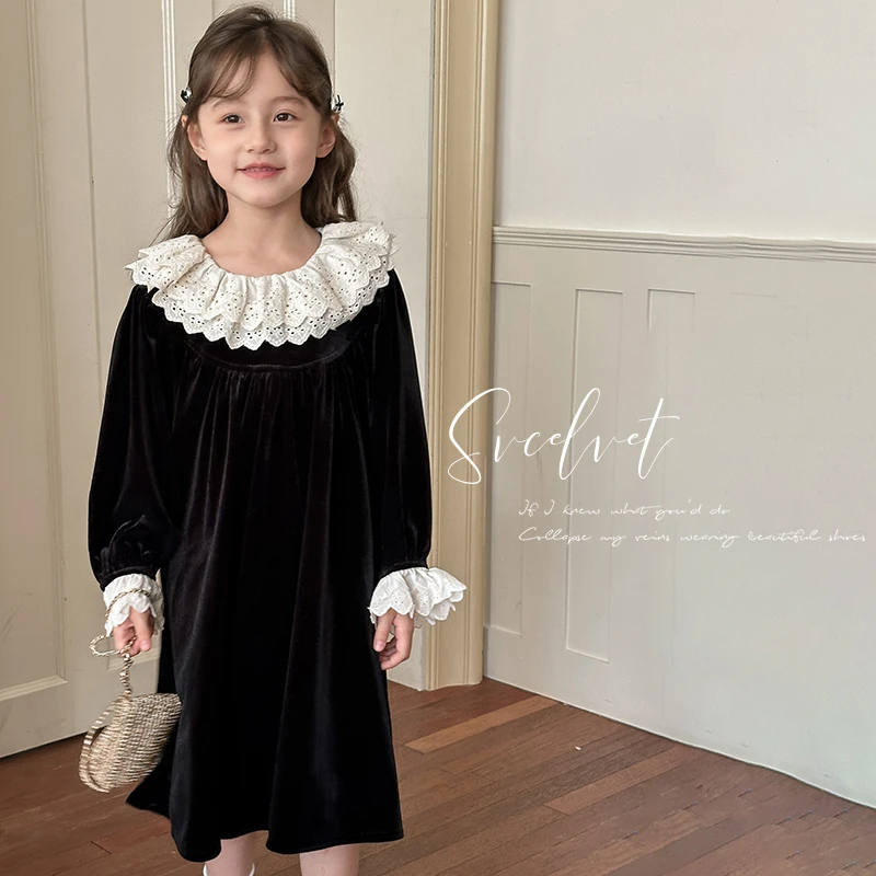 2024秋冬季新款女童法式长袖公主裙中大童小黑裙花边领丝绒连衣裙