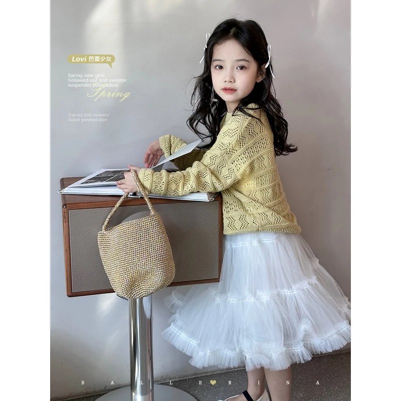 【Lovi芭蕾少女】24春季新款女童镂空针织毛衣吊带蓬蓬裙芭蕾裙