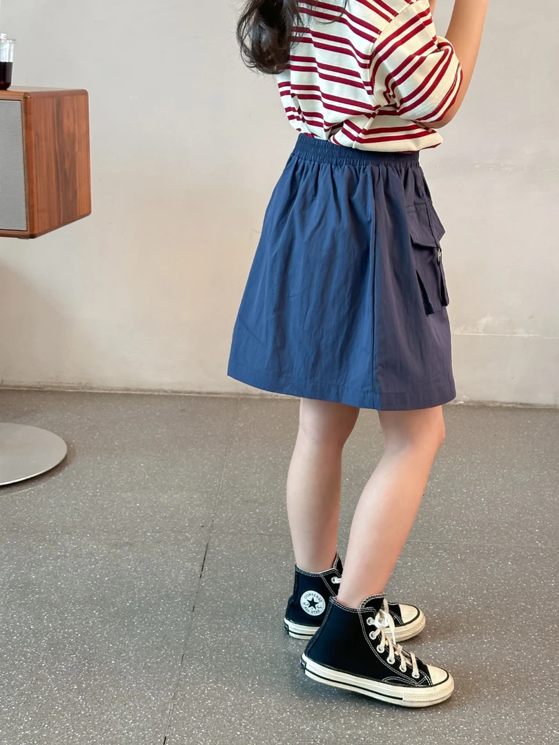 藏青色美式半身裙裤高腰夏季女童运动机能风工装裙松紧腰A字裙