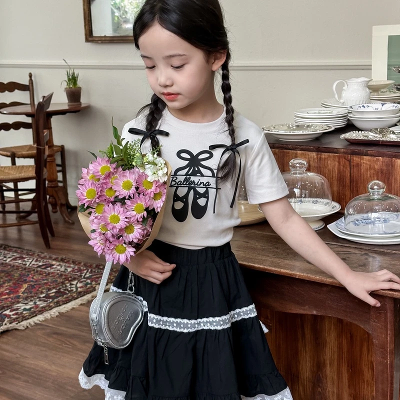 【小芭蕾鞋T】气质韩版印蝴蝶结打底T恤女童夏季洋气短款修身上衣