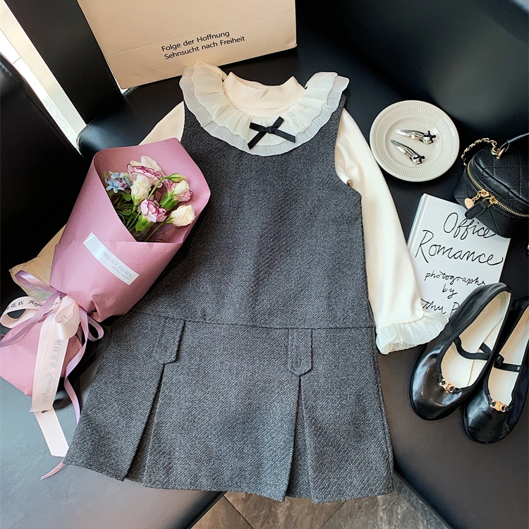 童装2024冬季新款女童灰色小香风背心裙米白花边袖打底衫套装