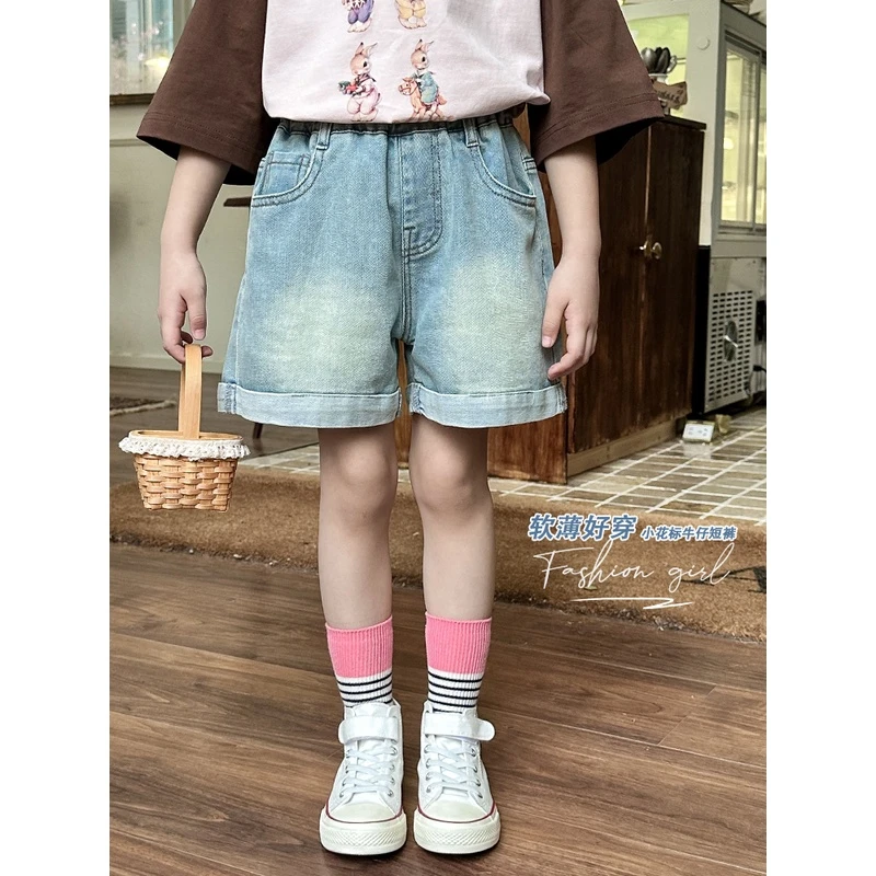 【小花标牛仔短裤】女童24夏季磨白水洗软薄牛仔短裤