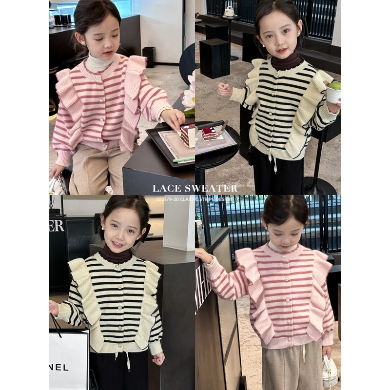 秋冬新款女童条纹毛衣中大童外套甜美洋气时髦儿童条纹针织衫