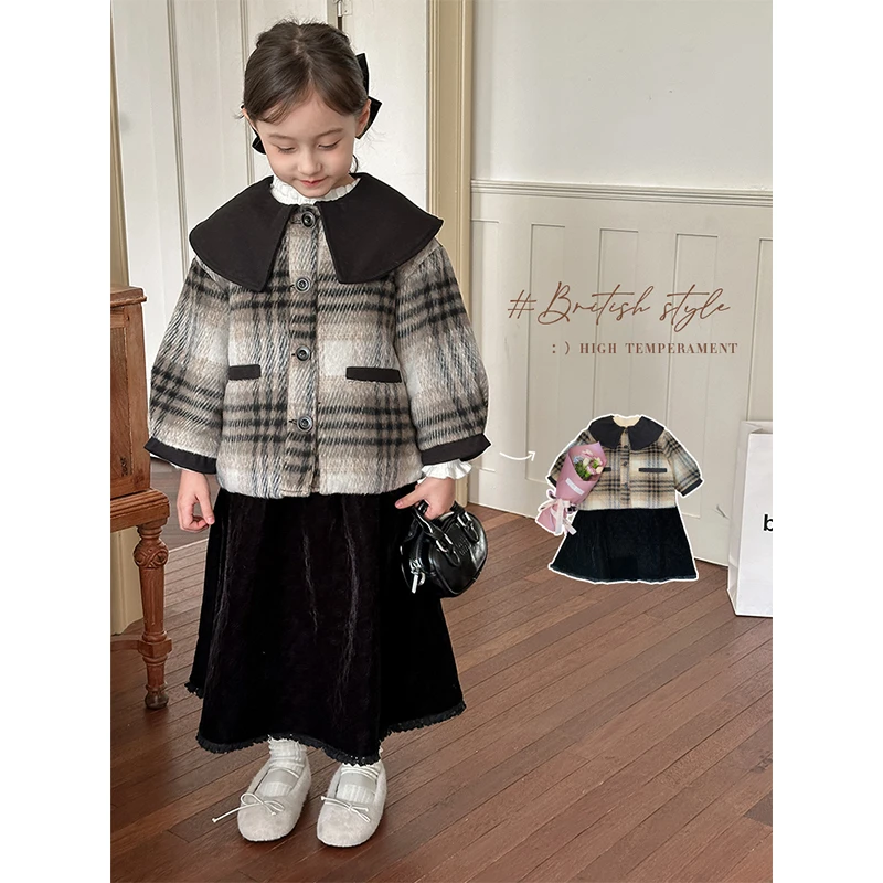 儿童小香风格子呢大衣女童冬季夹棉加厚中大童外套丝绒半裙套装