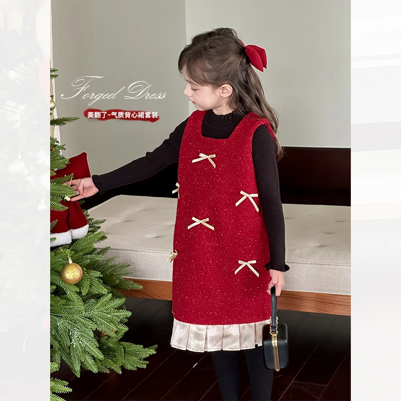 女童小香风连衣裙24冬季新款洋气儿童蝴蝶结红色公主背心裙打底衫