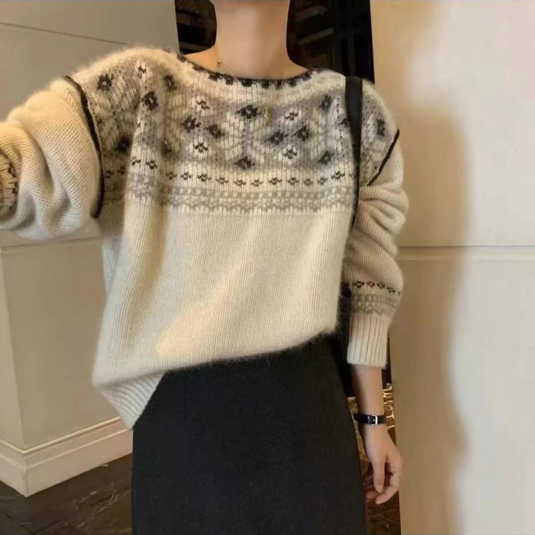 「雪花一字领」秋冬女士慵懒宽松保暖女毛衣加厚时尚提花针织衫-816