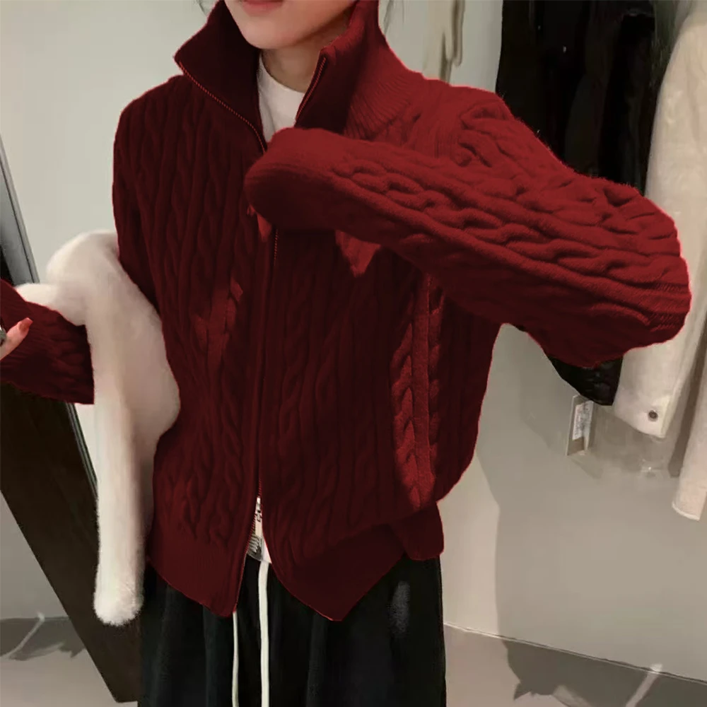 「波尔多」立领加厚针织开衫女秋冬宽松拉链外搭毛衣外套-9591
