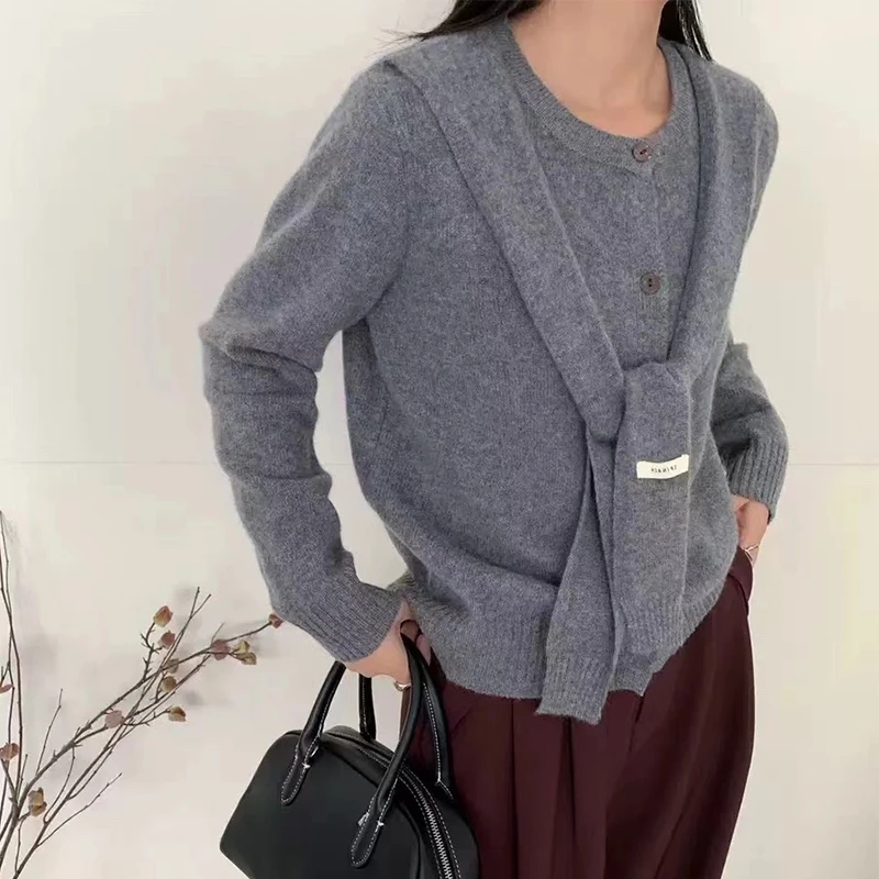 【披肩假两件】秋冬时尚休闲宽松长袖针织开衫女士毛衣外套-9494