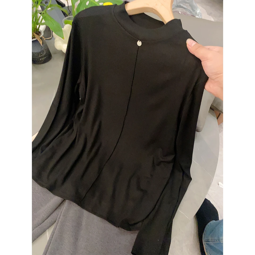 【鱼骨线面膜T】时尚休闲宽松百搭显瘦圆领长袖纯色女士棉T恤-729