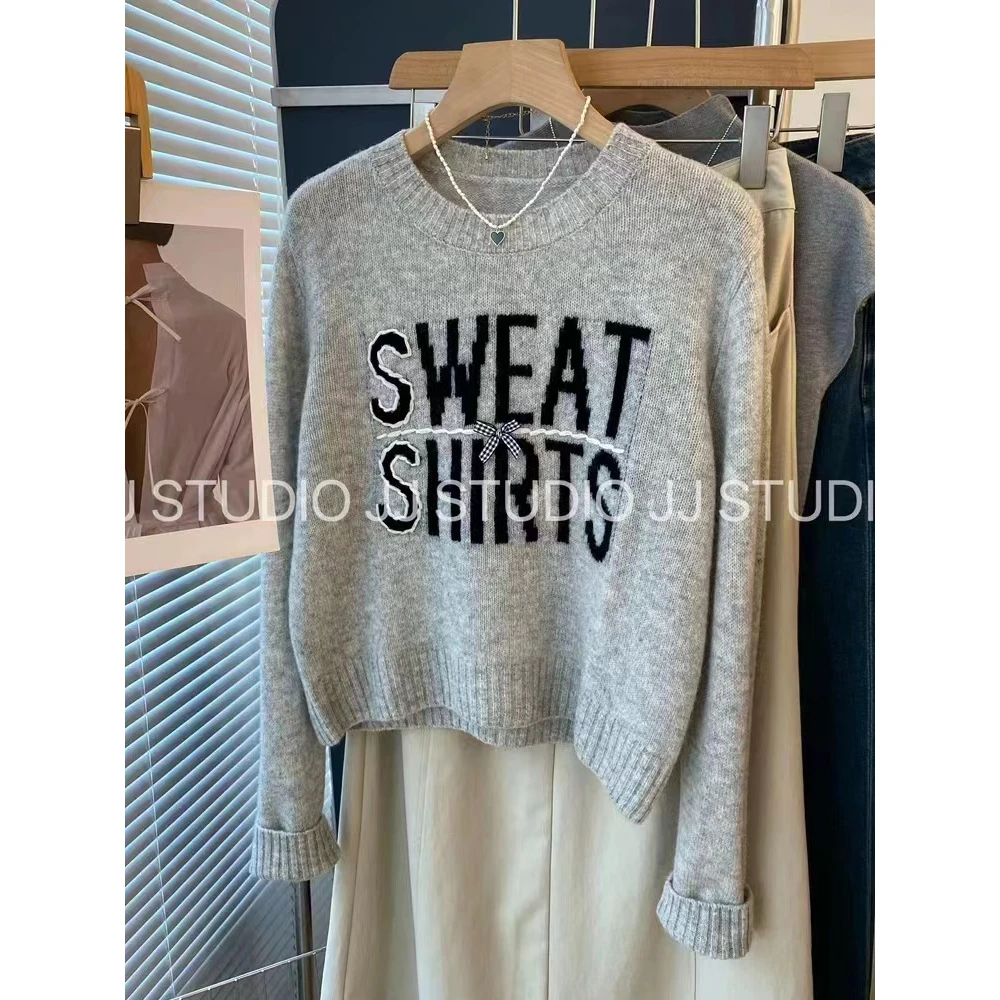 早秋时尚休闲宽松圆领套头字母提花长袖针织衫秋冬女士毛衣-572