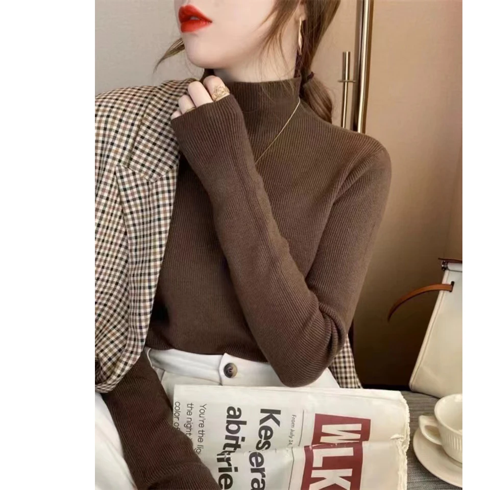 早秋时尚修身半高领套头长袖针织衫秋冬女士纯色毛衣打底衫-593