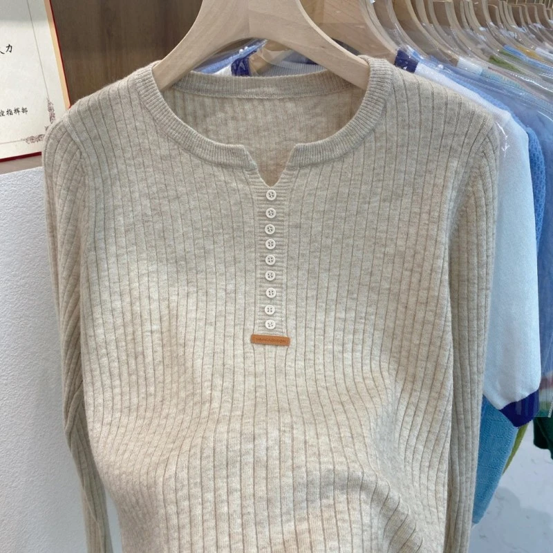 秋季新款时尚纯色套头长袖针织衫百搭剪刀领毛衣女内搭打底衫-101