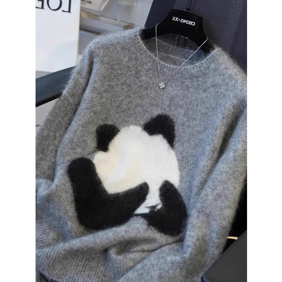 【大熊猫】中长款秋冬宽松圆领提花长袖针织衫秋冬女士毛衣-576