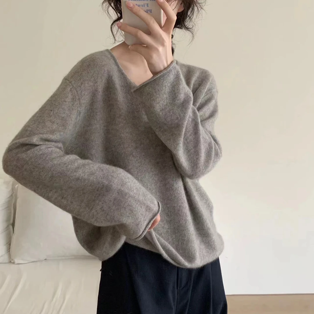 *【美丽诺羊毛】早秋时尚休闲宽松纯色长袖针织衫秋冬女士毛衣-9460