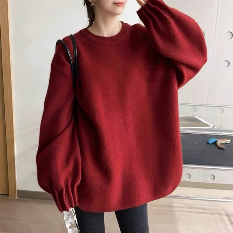 「风琴袖」中长款大码宽松圆领套头灯笼袖加厚保暖毛衣女秋冬-9592