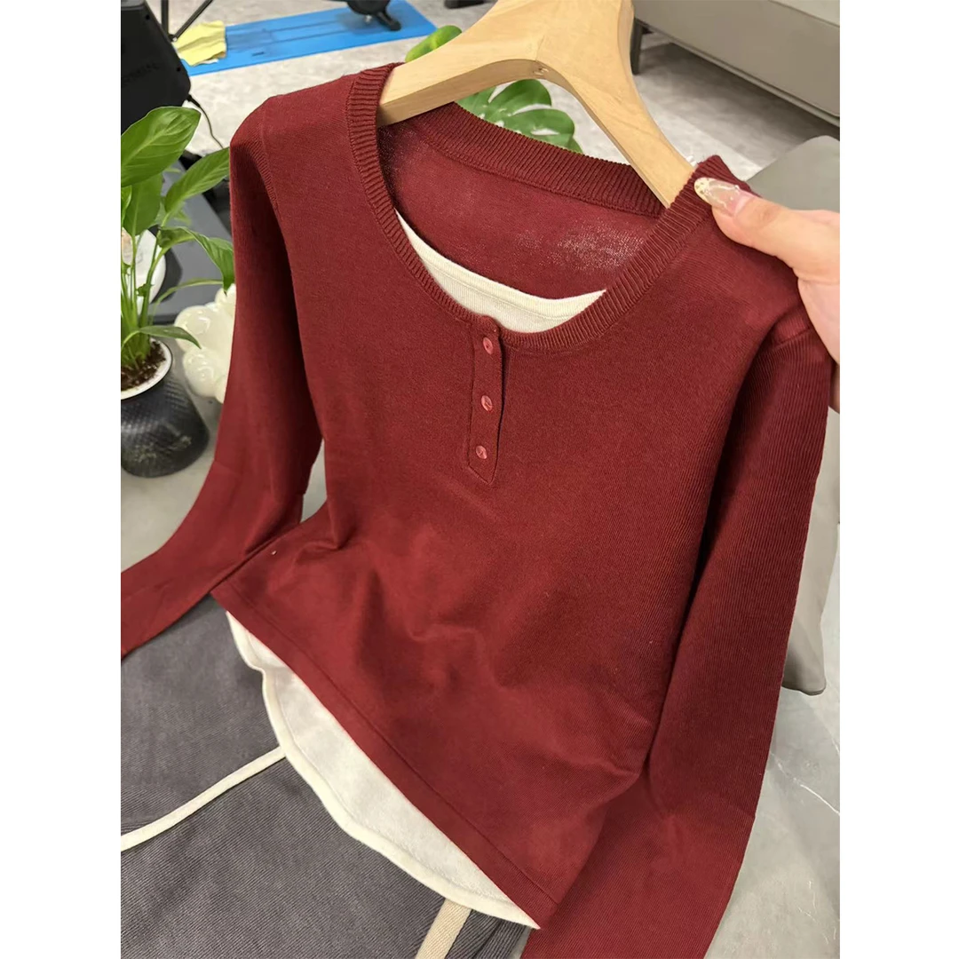 早秋时尚休闲宽松圆领套头长袖针织衫秋冬女士毛衣假两件-587