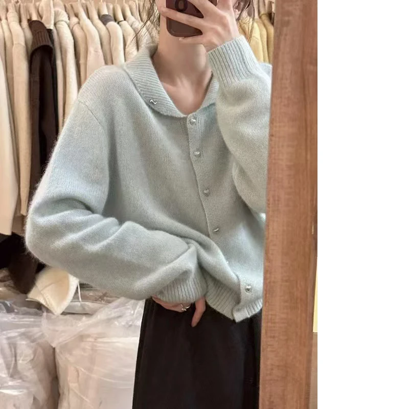 【莫奈蓝翻领】秋冬时尚休闲宽松纯色长袖针织开衫女士毛衣外套9533